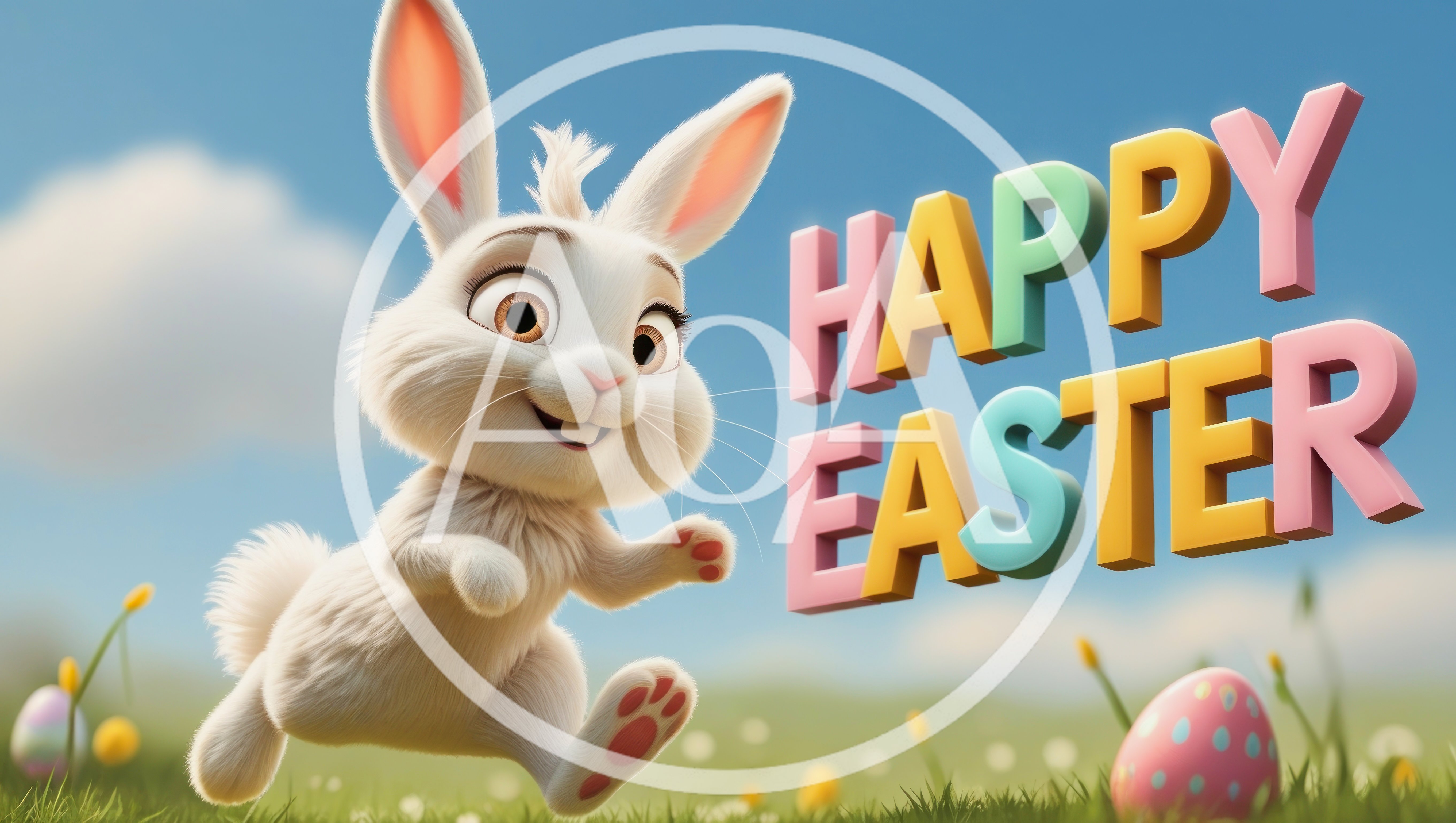 Cute 3D Cartoon Easter Bunny Running in Meadow