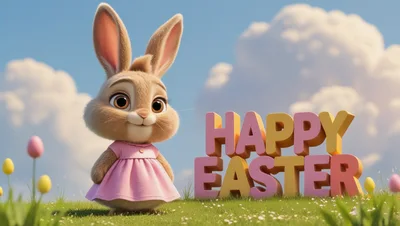 Cute Cartoon Bunny Wearing Pink Dress for Easter