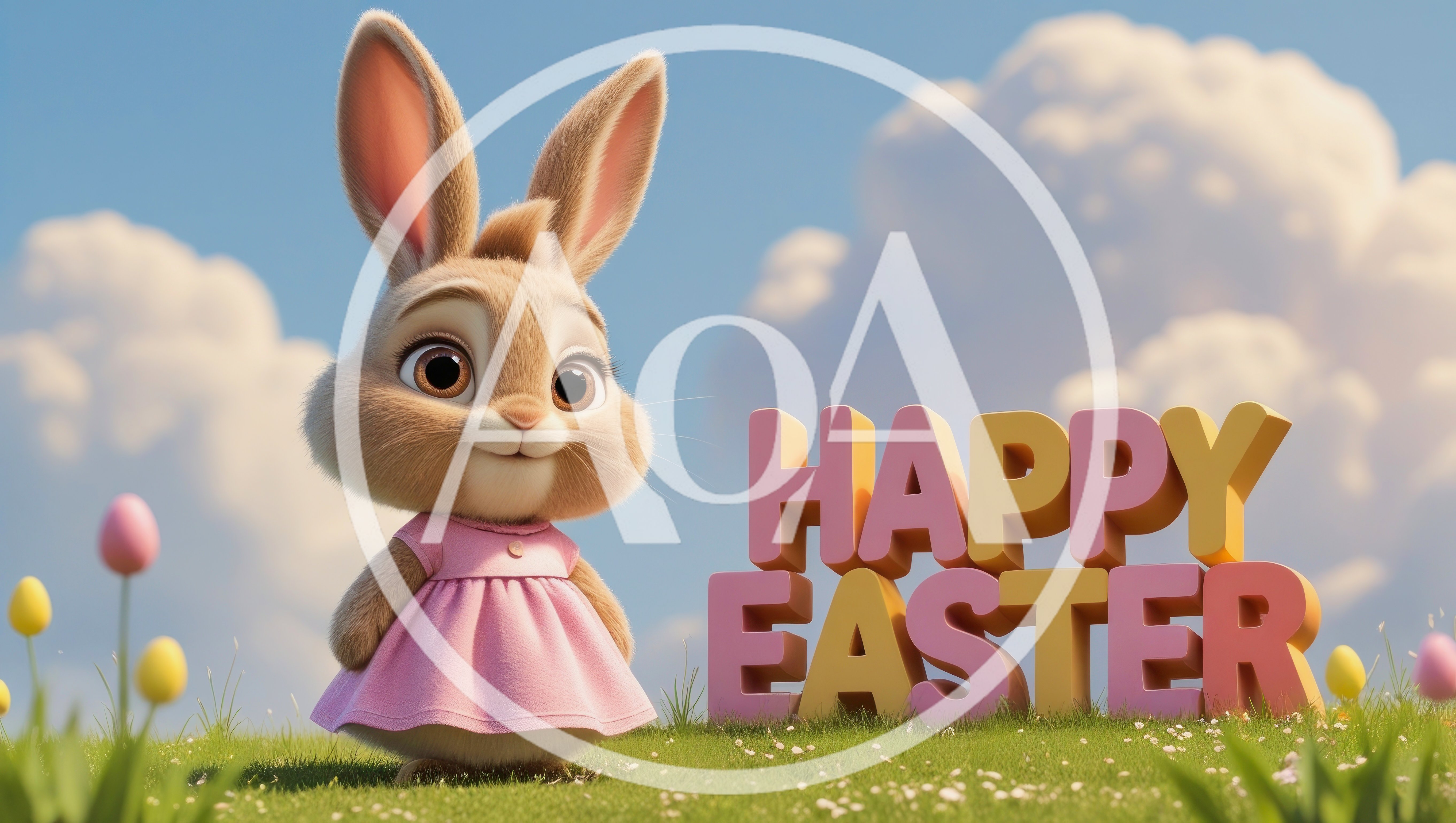 Cute Cartoon Bunny Wearing Pink Dress for Easter