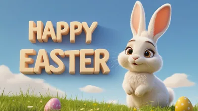 Cute White Easter Bunny With Decorated Eggs