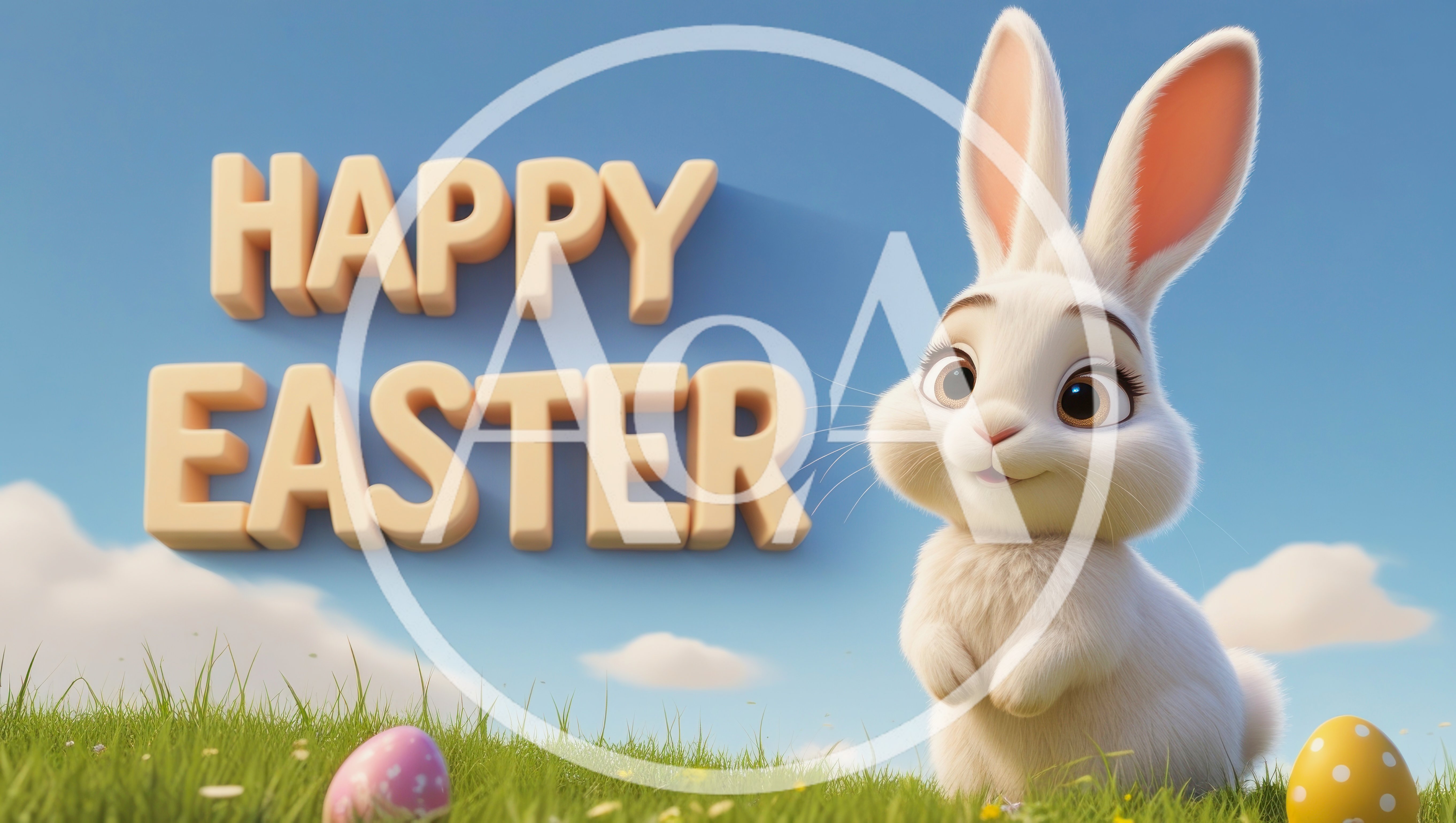 Cute White Easter Bunny With Decorated Eggs