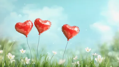 Three Red Heart Balloons Floating Over A Meadow