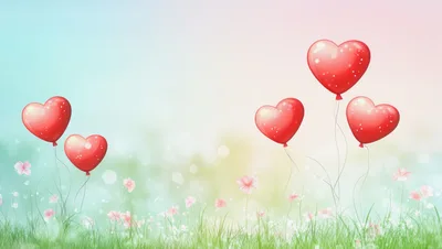 Red Heart Balloons Floating Over A Grassy Meadow