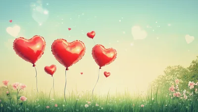 Red Heart Balloons Floating Over A Grassy Meadow