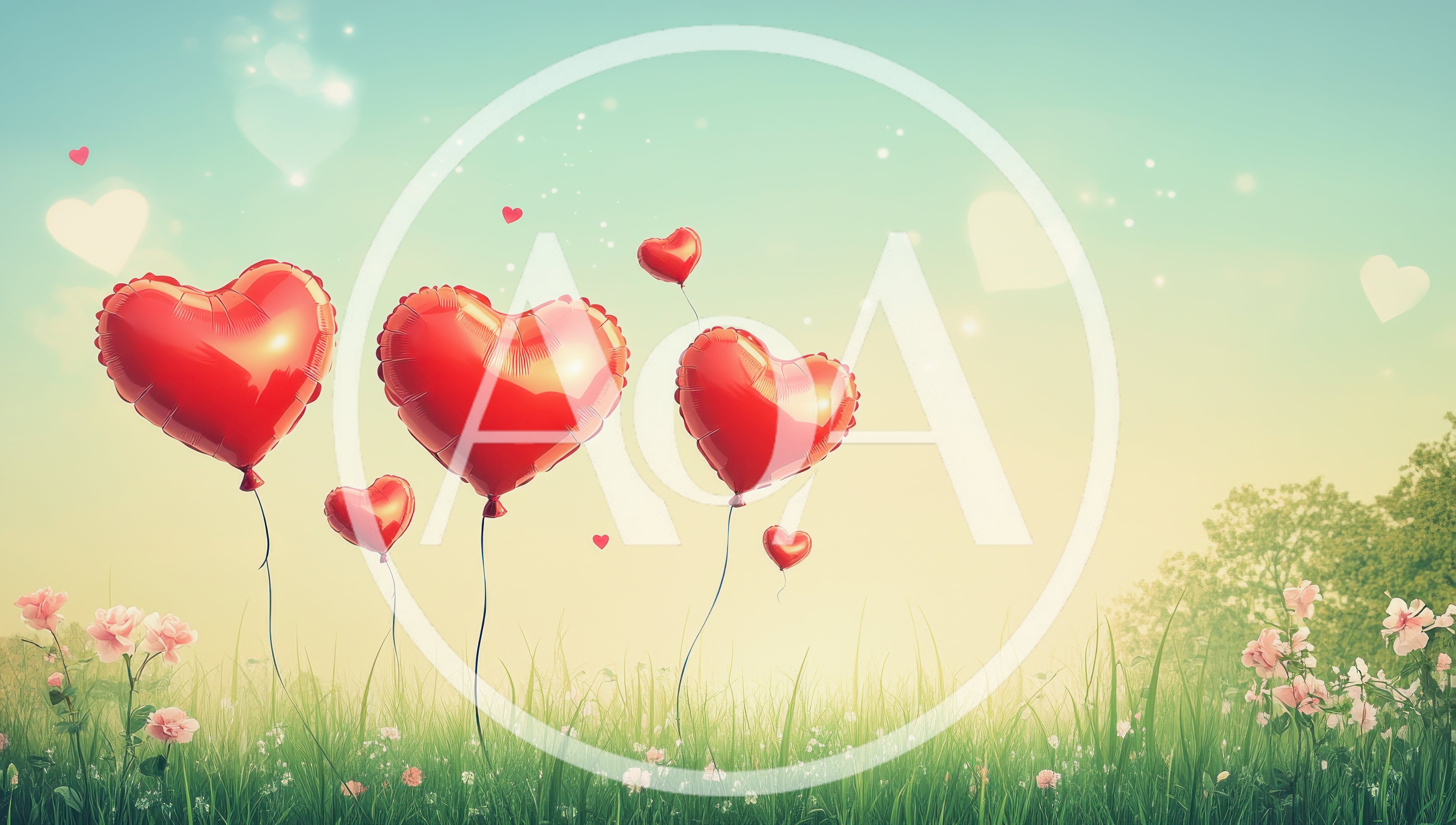 Red Heart Balloons Floating Over A Grassy Meadow