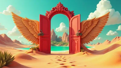 Surreal Red Portal With Wings In Desert Landscape