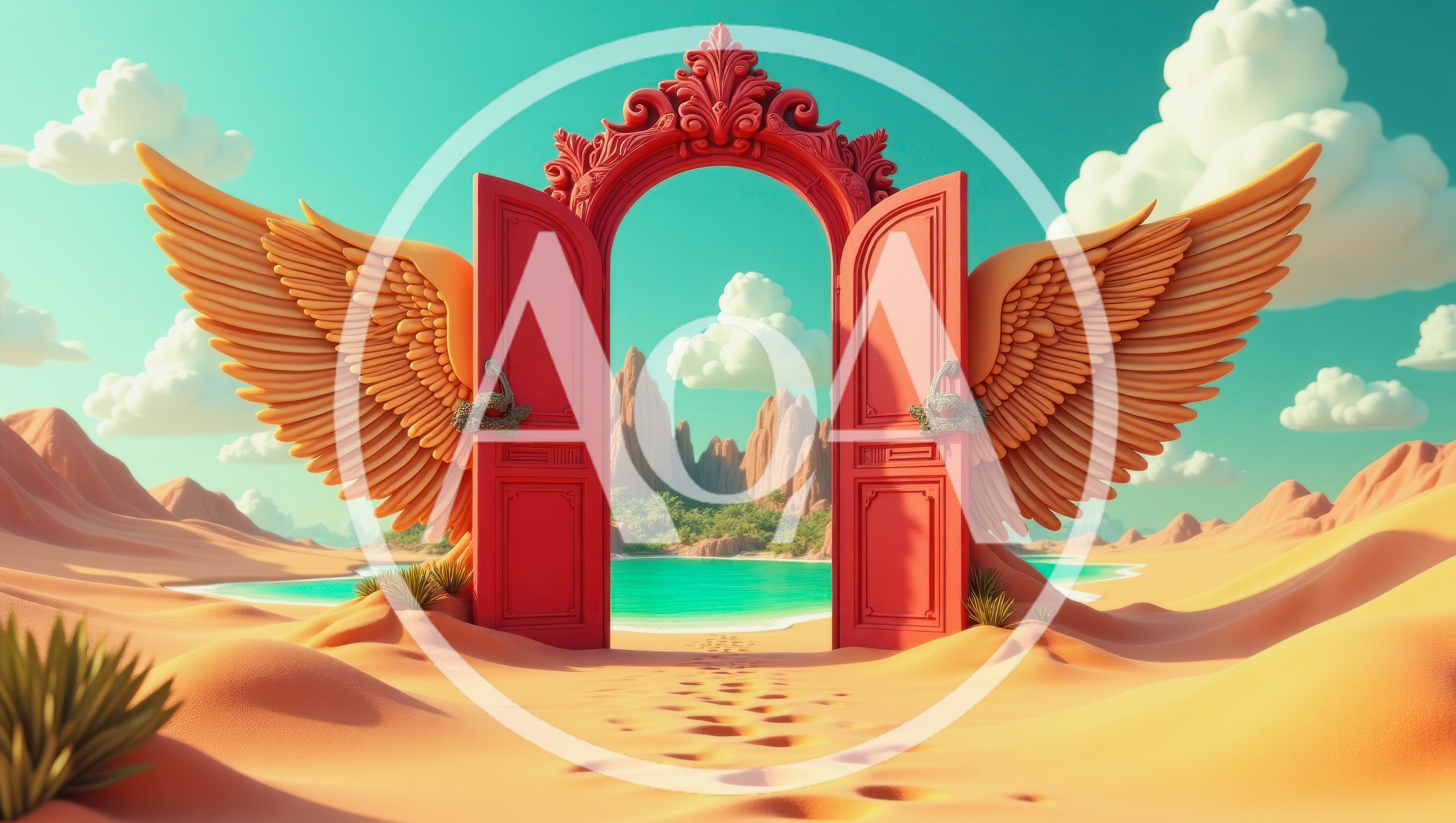 Surreal Red Portal With Wings In Desert Landscape