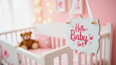 Hello Baby Girl Sign Hanging Over Nursery Crib