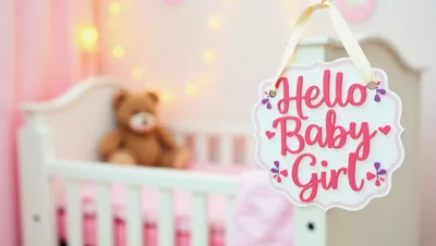 Hello Baby Girl Sign Hanging in Nursery