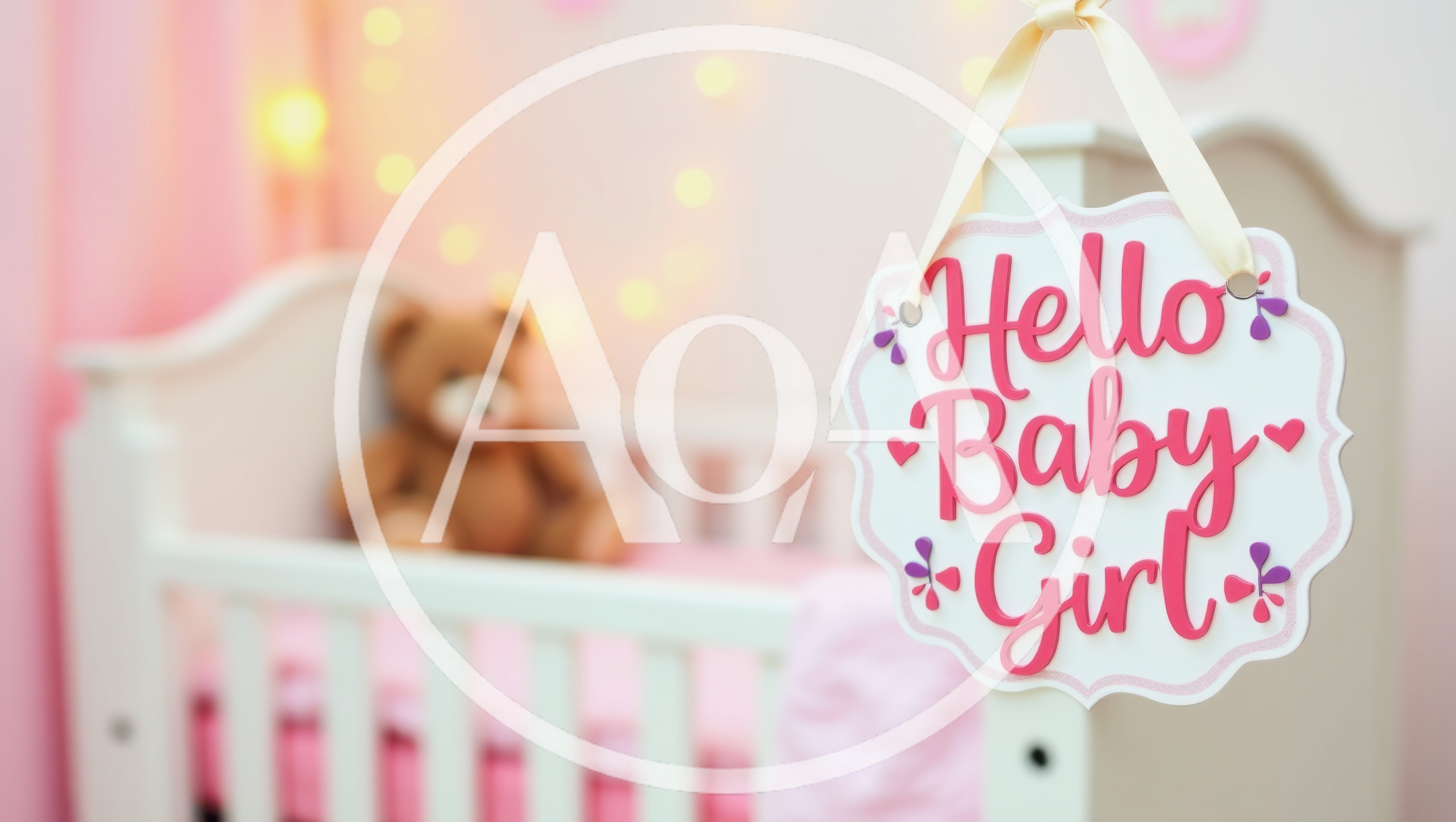 Hello Baby Girl Sign Hanging in Nursery