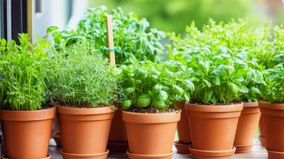 Assorted Fresh Culinary Herbs Growing In Terracotta Pots