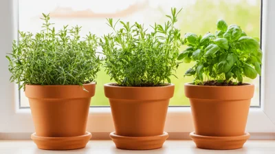 Three Potted Herb Plants On A Sunny Windowsill