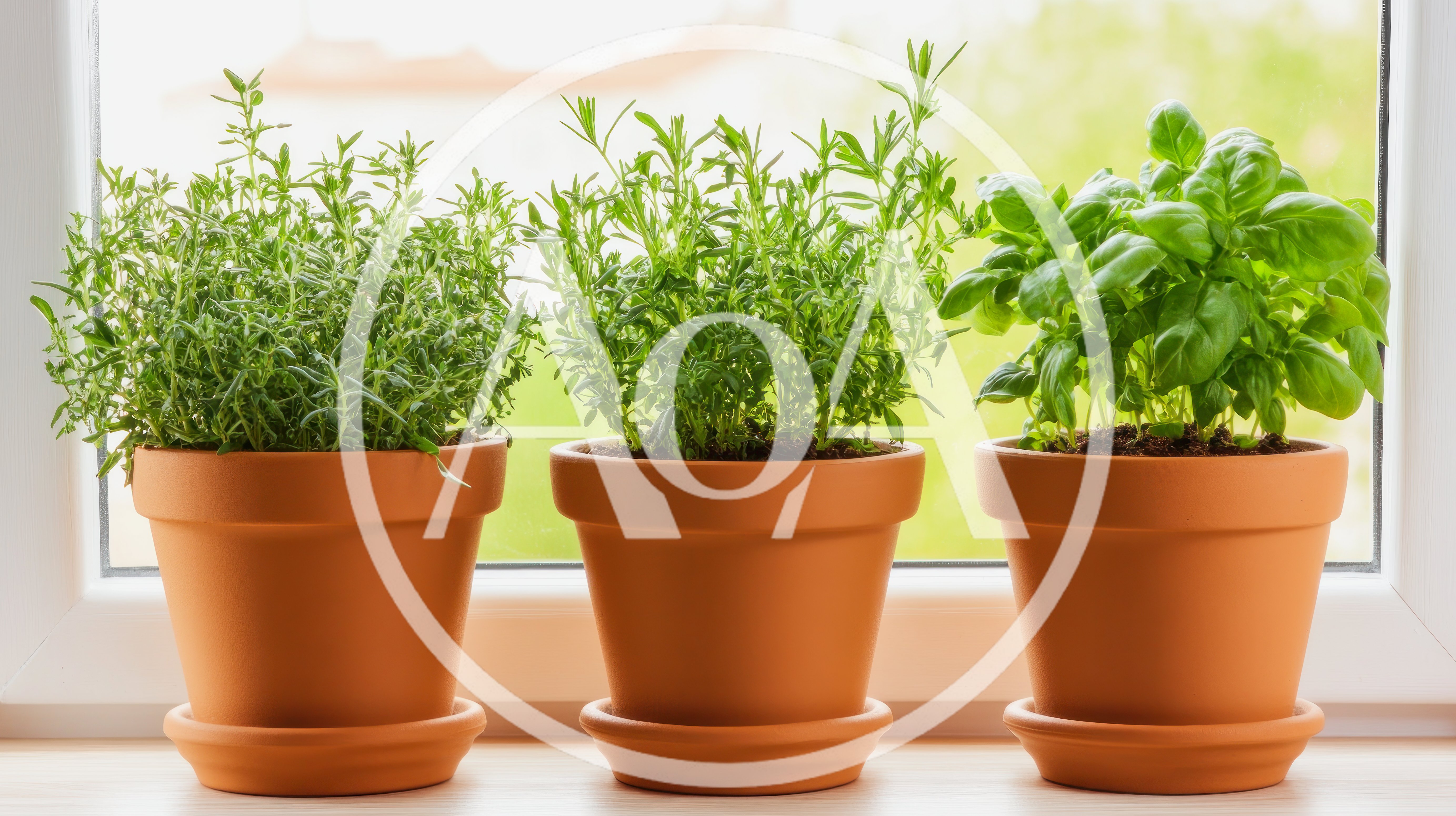 Three Potted Herb Plants On A Sunny Windowsill