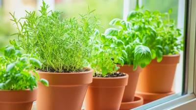 Potted Herb Garden Growing On A Sunny Windowsill