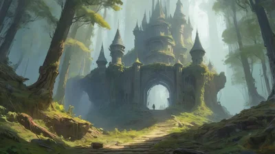 Ancient Fantasy Castle Gate In A Misty Forest