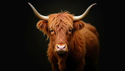 Portrait Of A Highland Cow Against Black Background