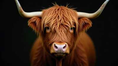 Portrait Of A Highland Cow Against Black Background