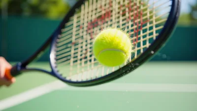 Tennis Racket Hitting A Yellow Ball On Court