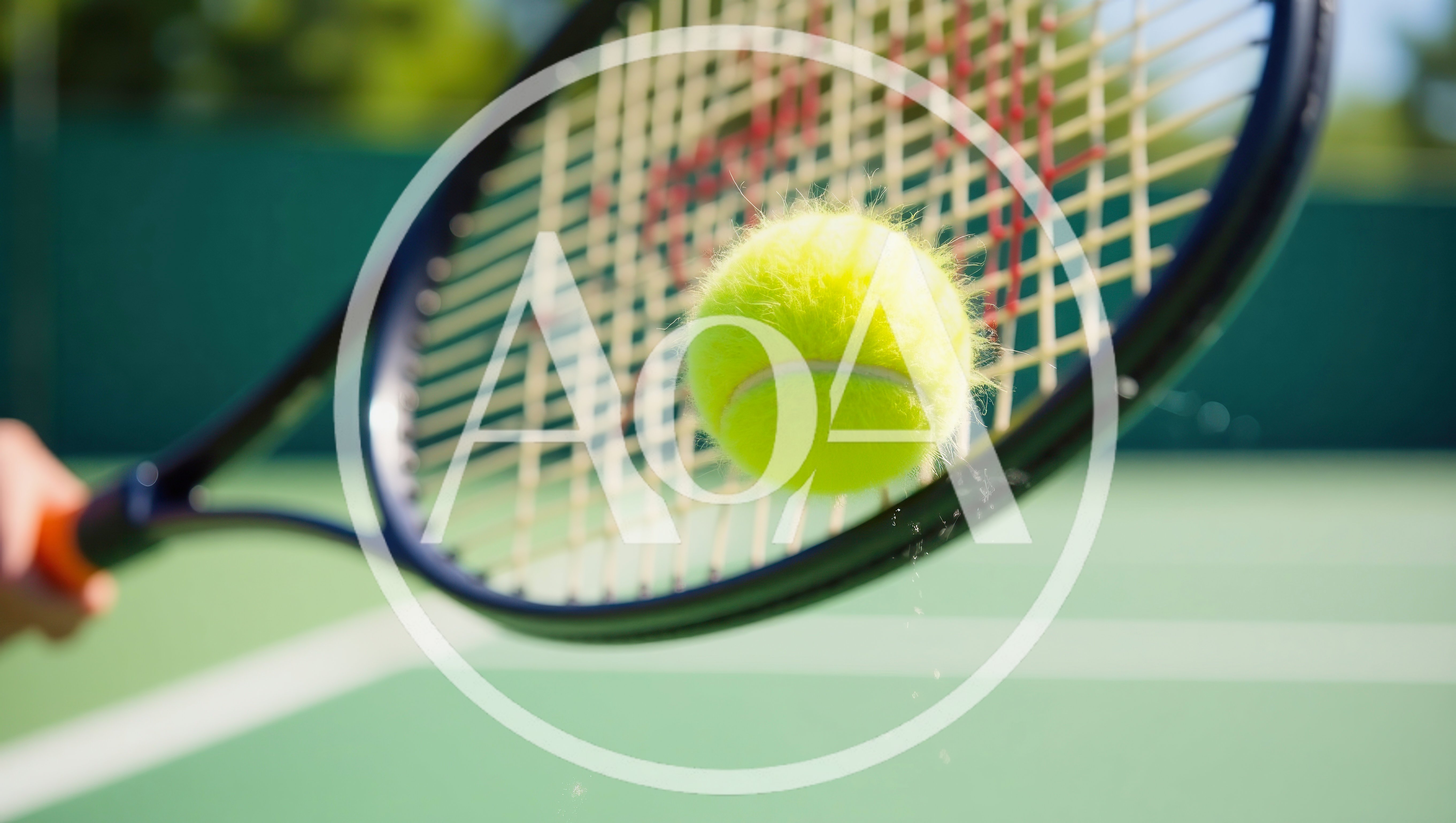 Tennis Racket Hitting A Yellow Ball On Court