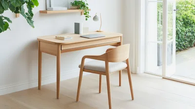 Minimalist Wooden Desk And Chair In Bright Home Office