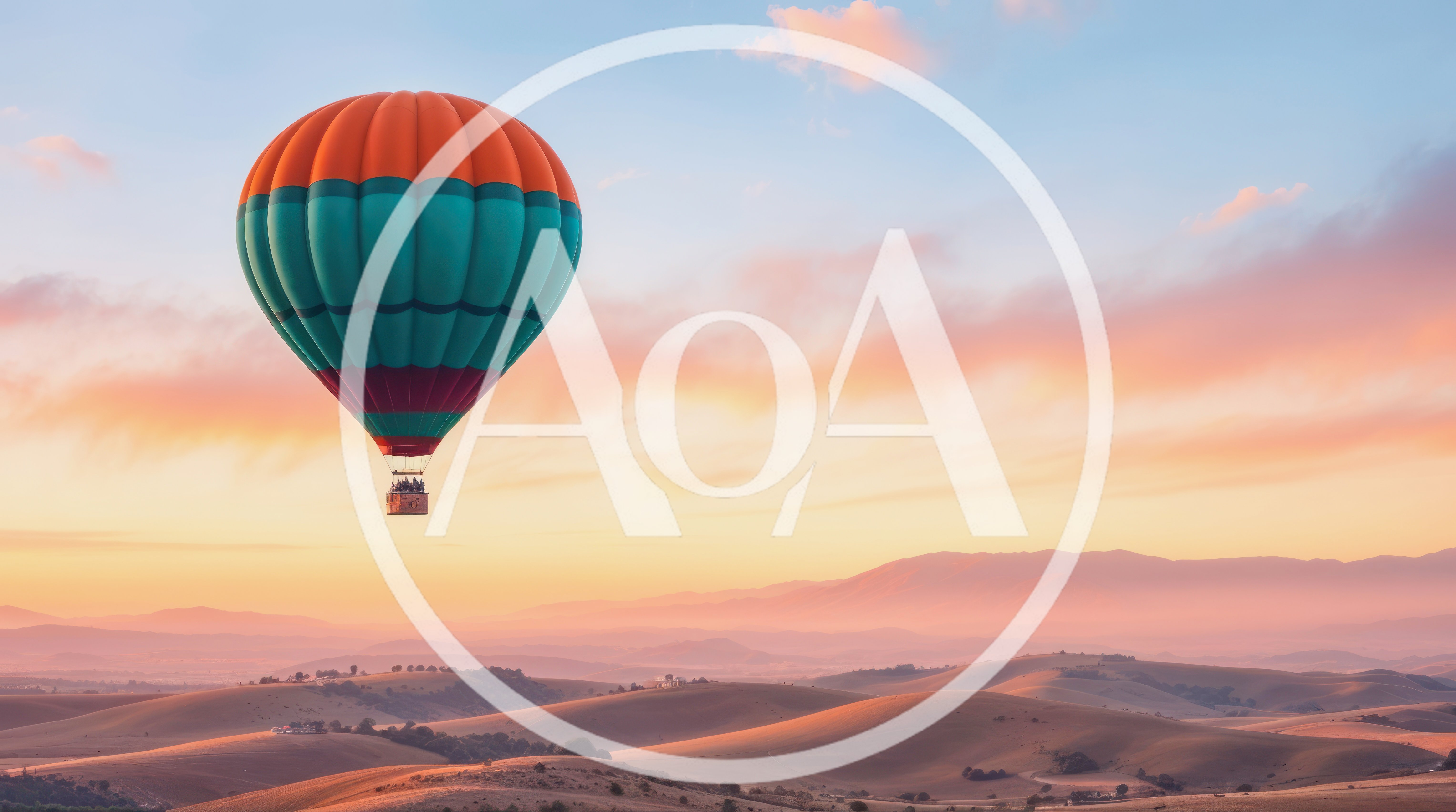 Hot Air Balloon Floating Over Rolling Hills At Sunset