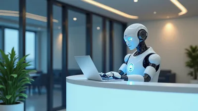 Humanoid Robot Working On Laptop At Office Reception