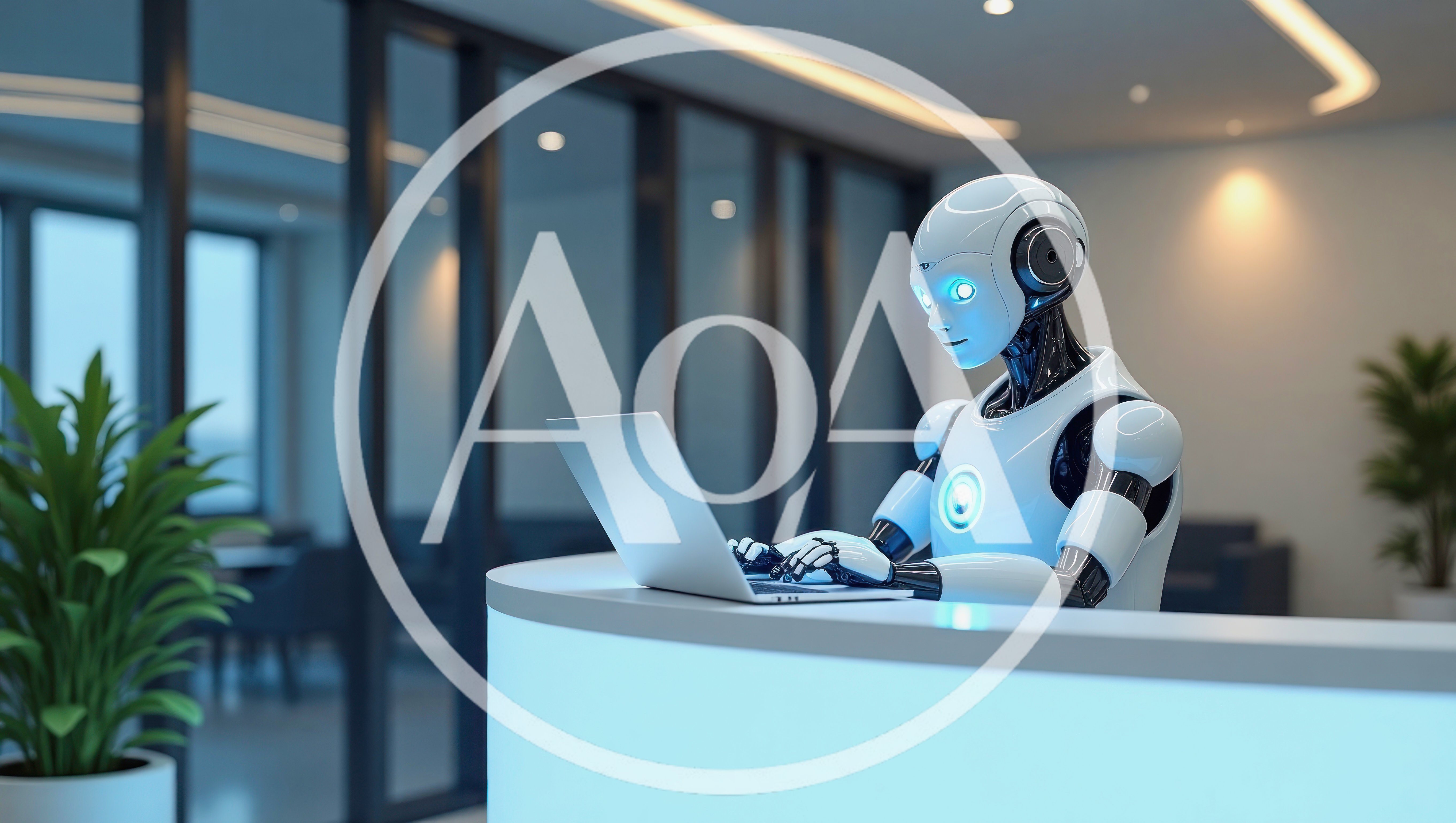 Humanoid Robot Working On Laptop At Office Reception