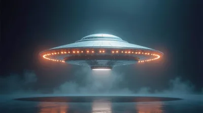 Metallic Flying Saucer Hovering Above Dark Reflective Surface
