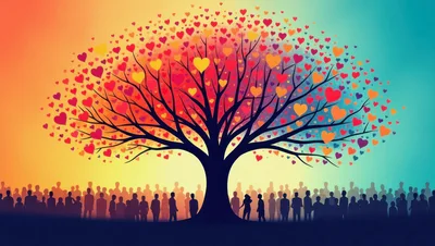 Conceptual Tree Of Hearts With Silhouetted Crowd