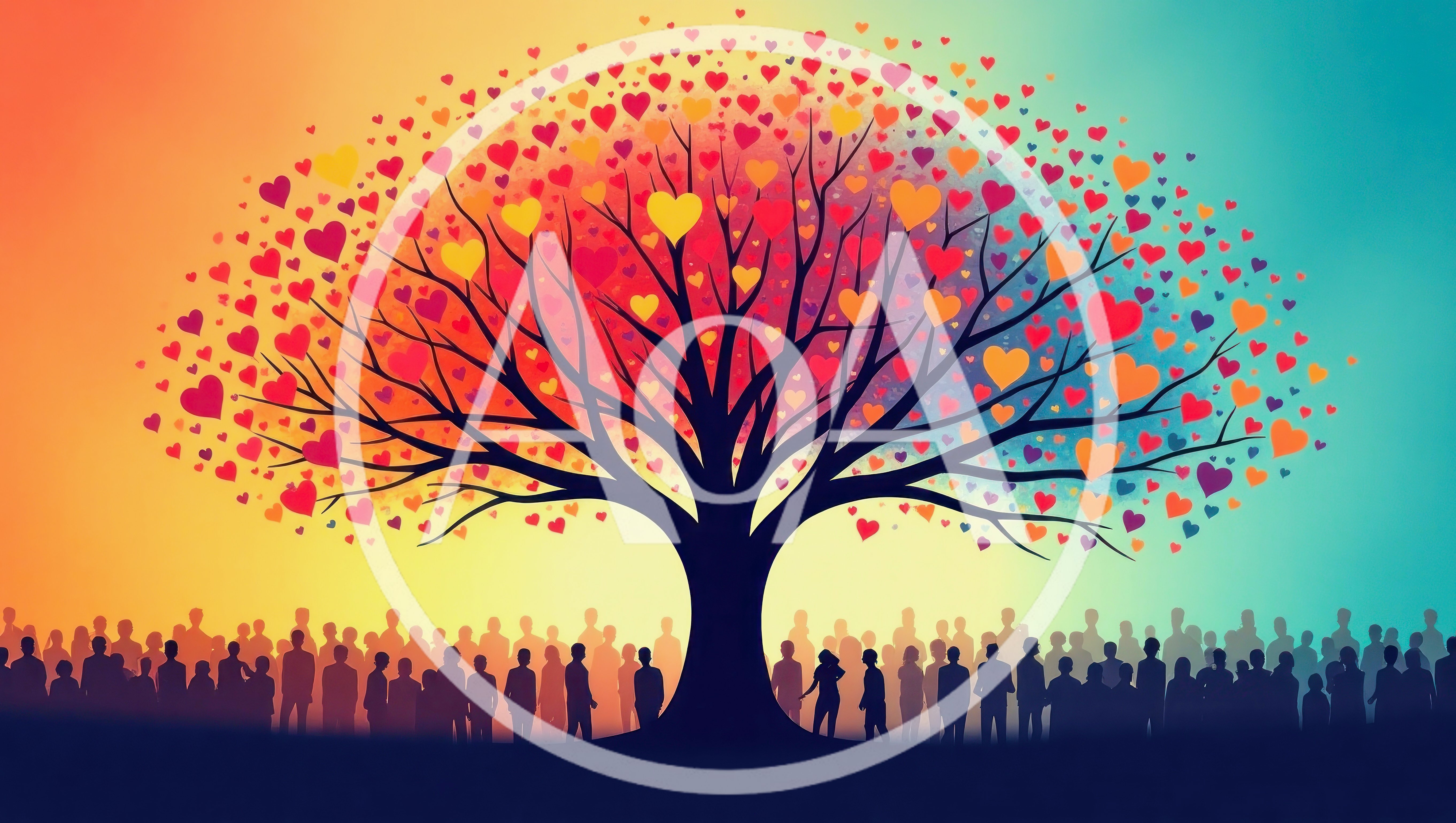 Conceptual Tree Of Hearts With Silhouetted Crowd