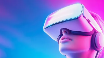 Woman Wearing Virtual Reality Headset With Neon Lighting
