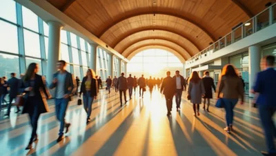 Commuters Walking Through A Sunlit Modern Airport Terminal