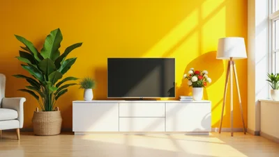 Modern Living Room Interior With Yellow Wall And Television