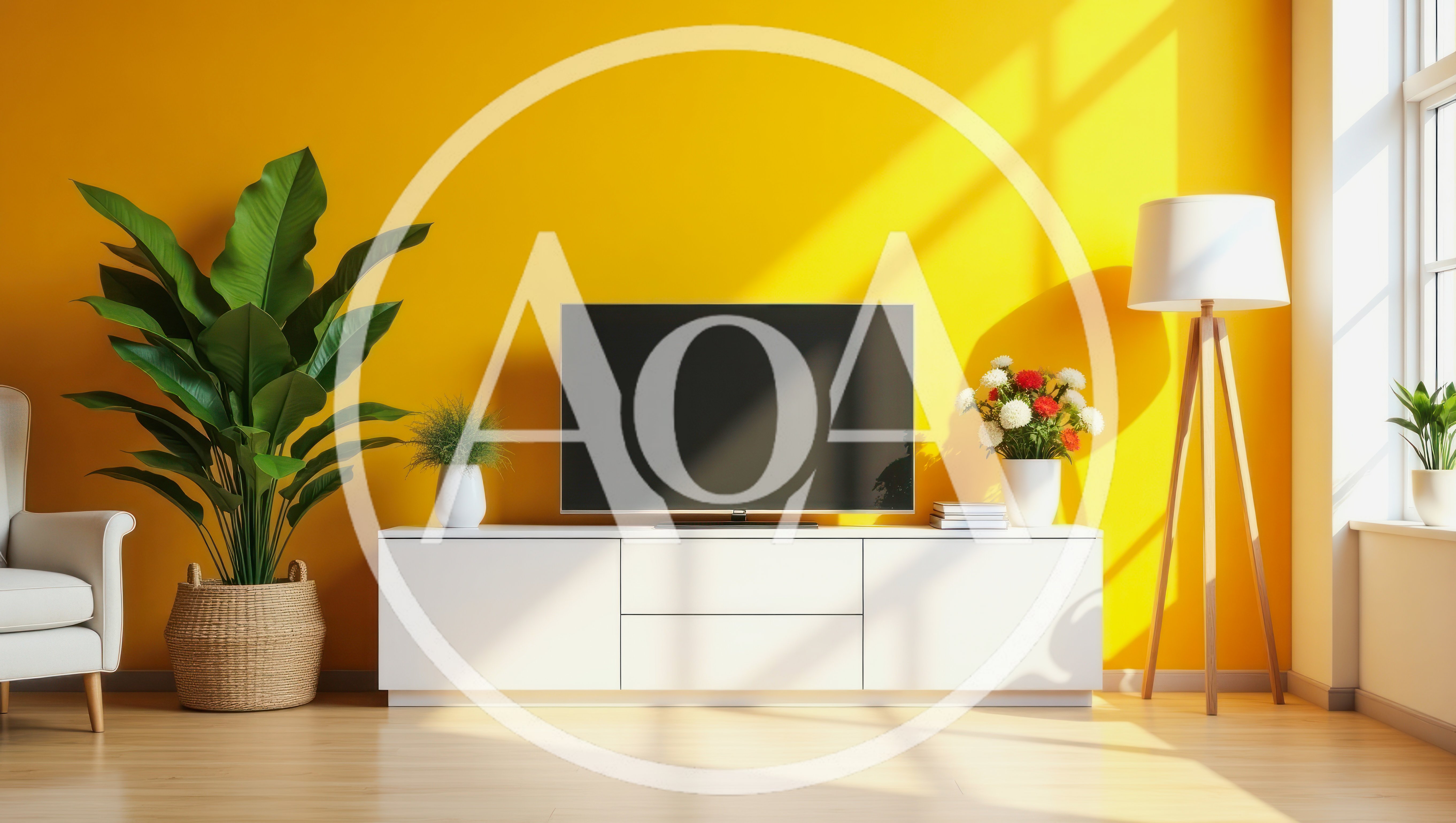 Modern Living Room Interior With Yellow Wall And Television