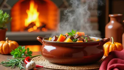 Steaming Beef Stew in Clay Pot by Fireplace