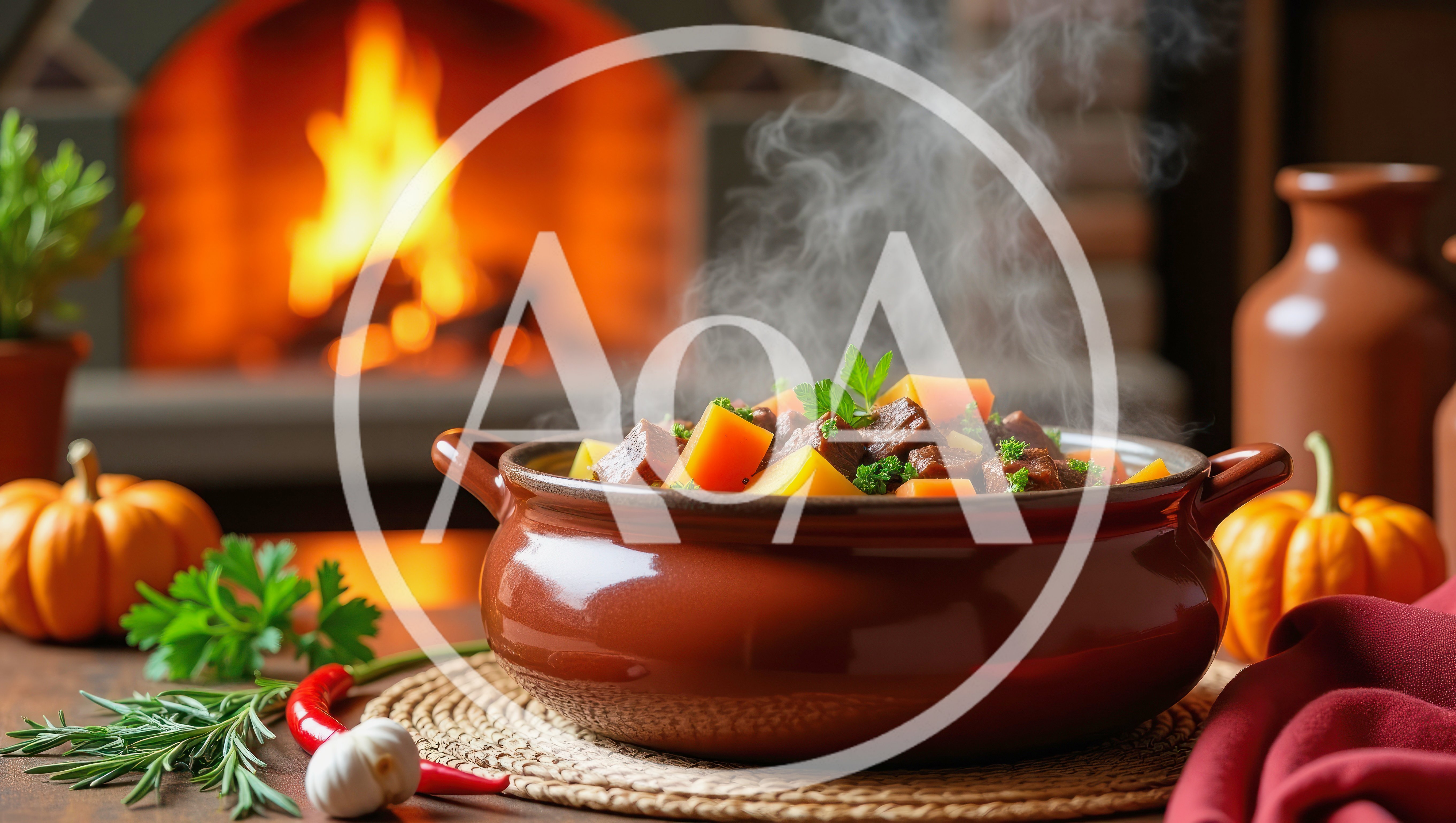 Steaming Beef Stew in Clay Pot by Fireplace