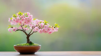 Small Pink Cherry Blossom Bonsai Tree In Ceramic Pot