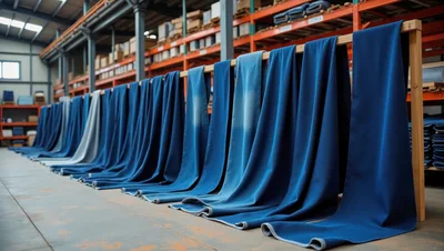 Denim Fabric Rolls Hanging In Textile Warehouse