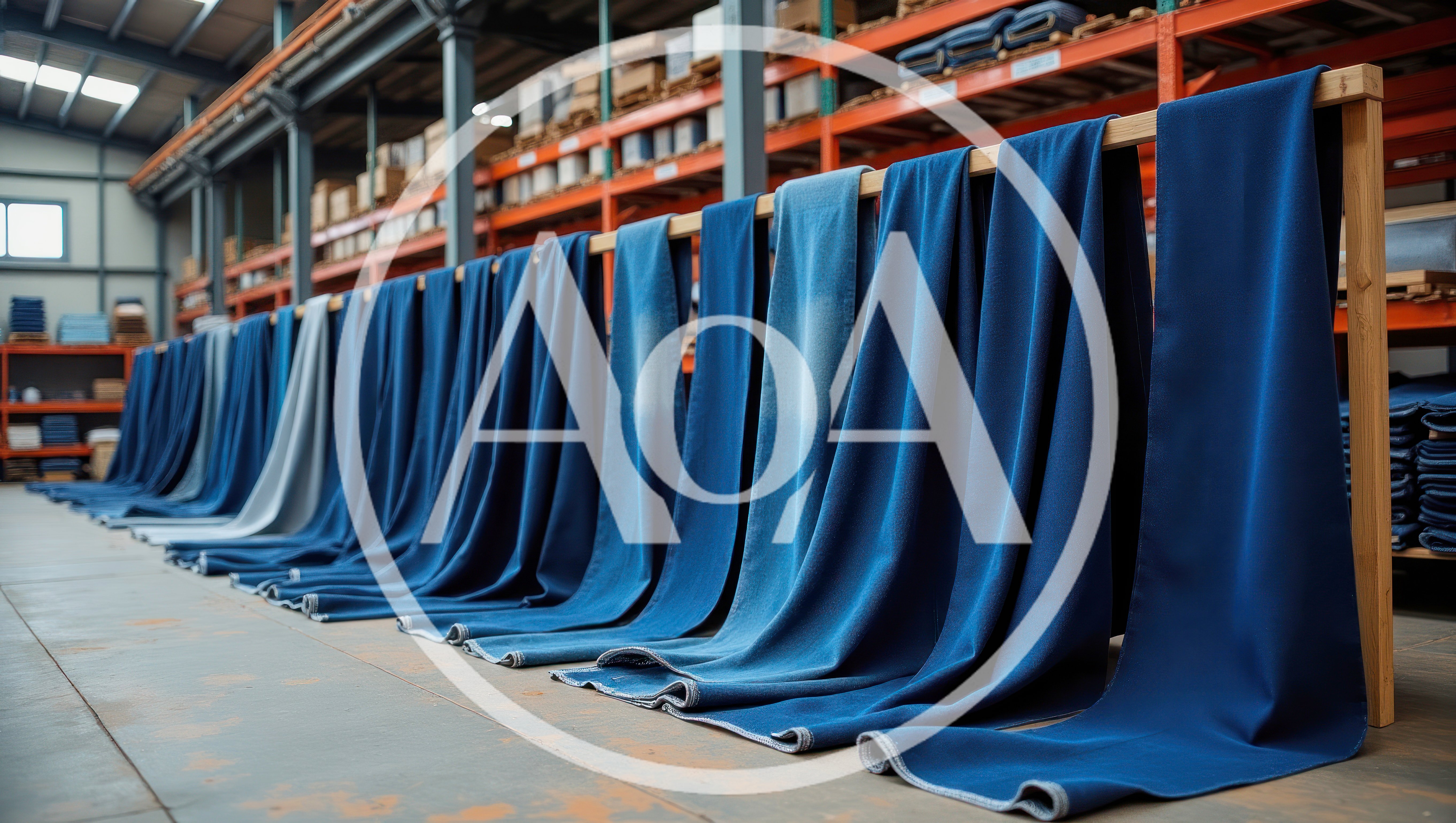 Denim Fabric Rolls Hanging In Textile Warehouse