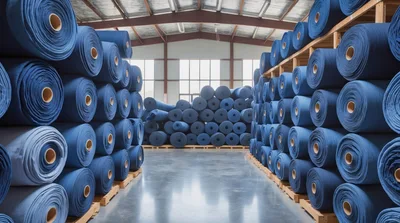 Rows Of Denim Fabric Rolls In A Textile Warehouse