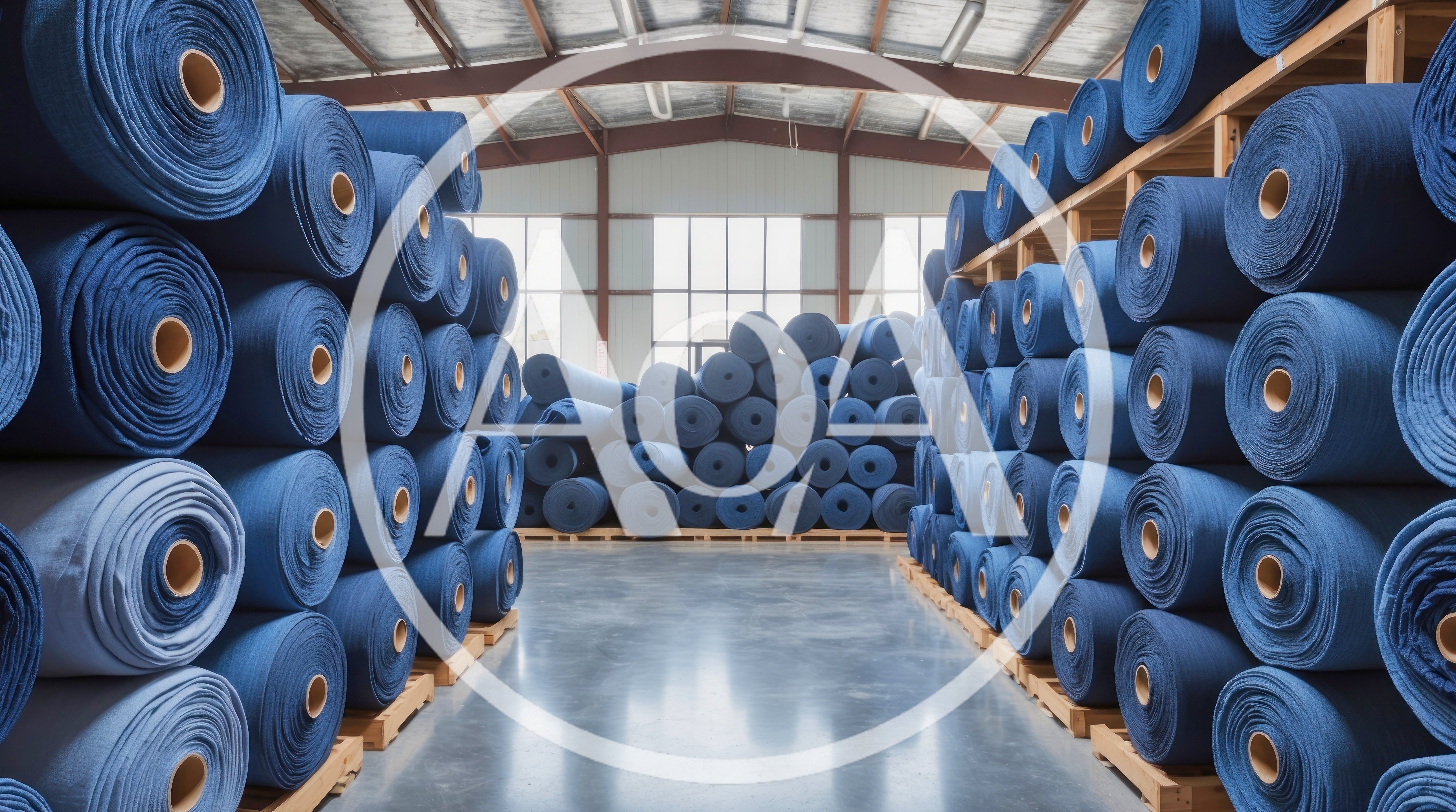Rows Of Denim Fabric Rolls In A Textile Warehouse