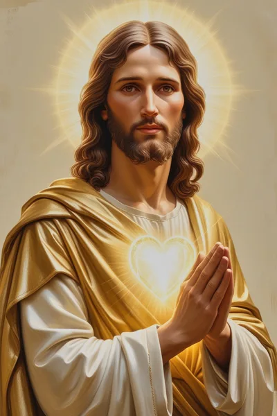 Portrait Of Jesus Christ With Glowing Sacred Heart
