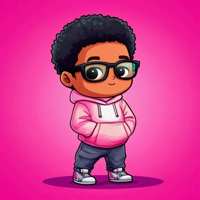 Cute Cartoon Boy Wearing Pink Hoodie and Glasses