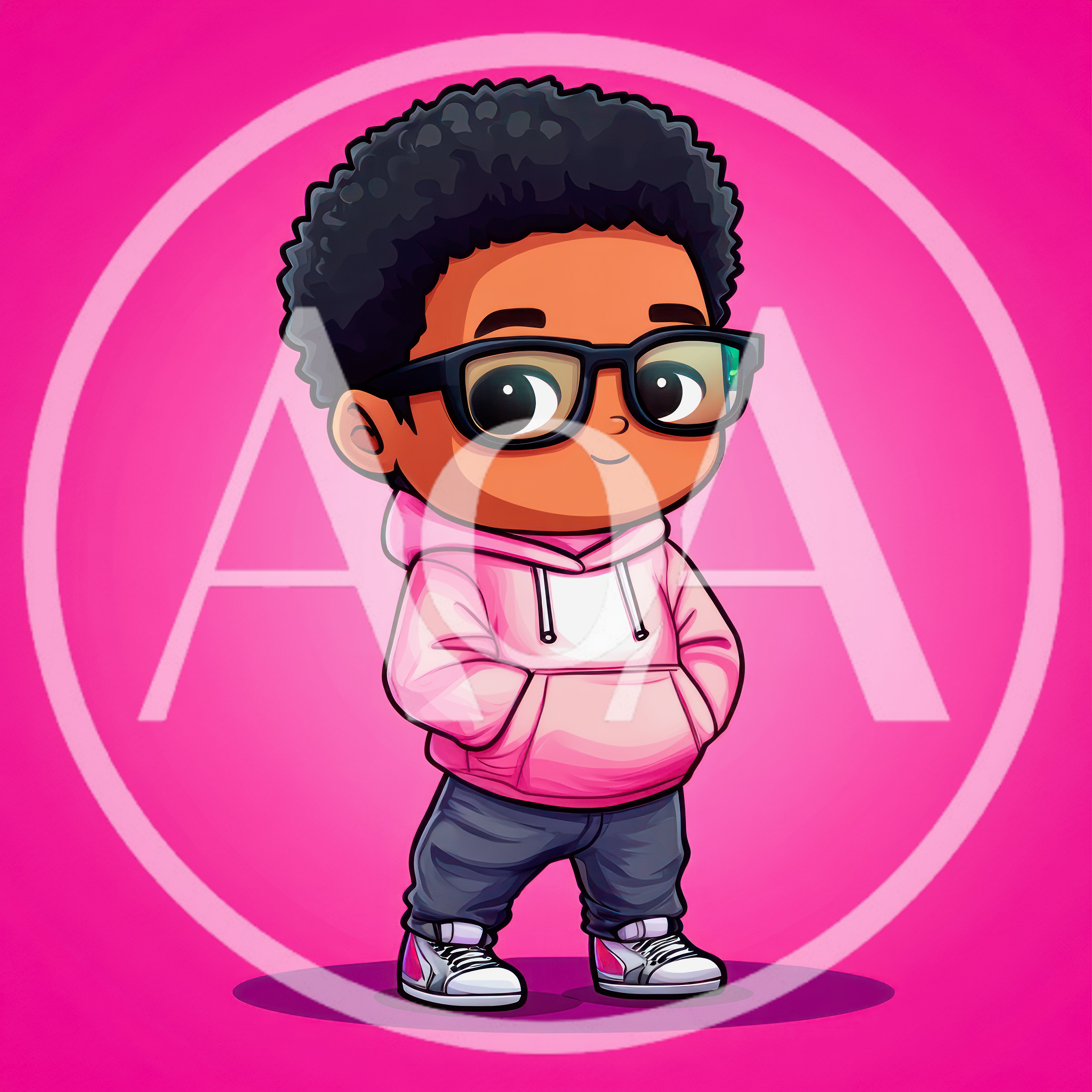 Cute Cartoon Boy Wearing Pink Hoodie and Glasses