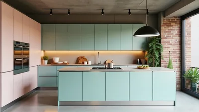 Modern Kitchen Interior With Pastel Green And Pink Cabinets