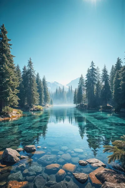 Crystal Clear Alpine Lake Surrounded By Pine Forest