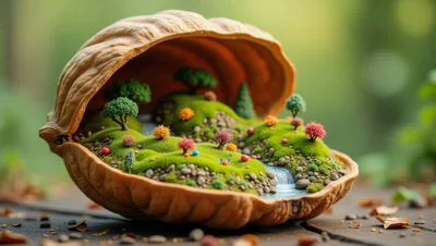 Miniature Fantasy Landscape Inside A Walnut Shell
