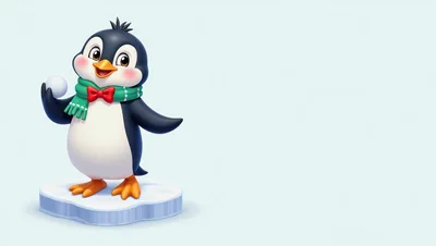 Cute Cartoon Penguin Holding A Snowball