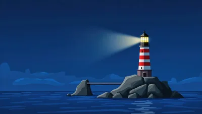 Lighthouse Shining Beam Over Dark Ocean At Night