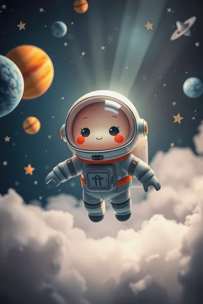 Cute Cartoon Astronaut Floating Above Clouds In Space
